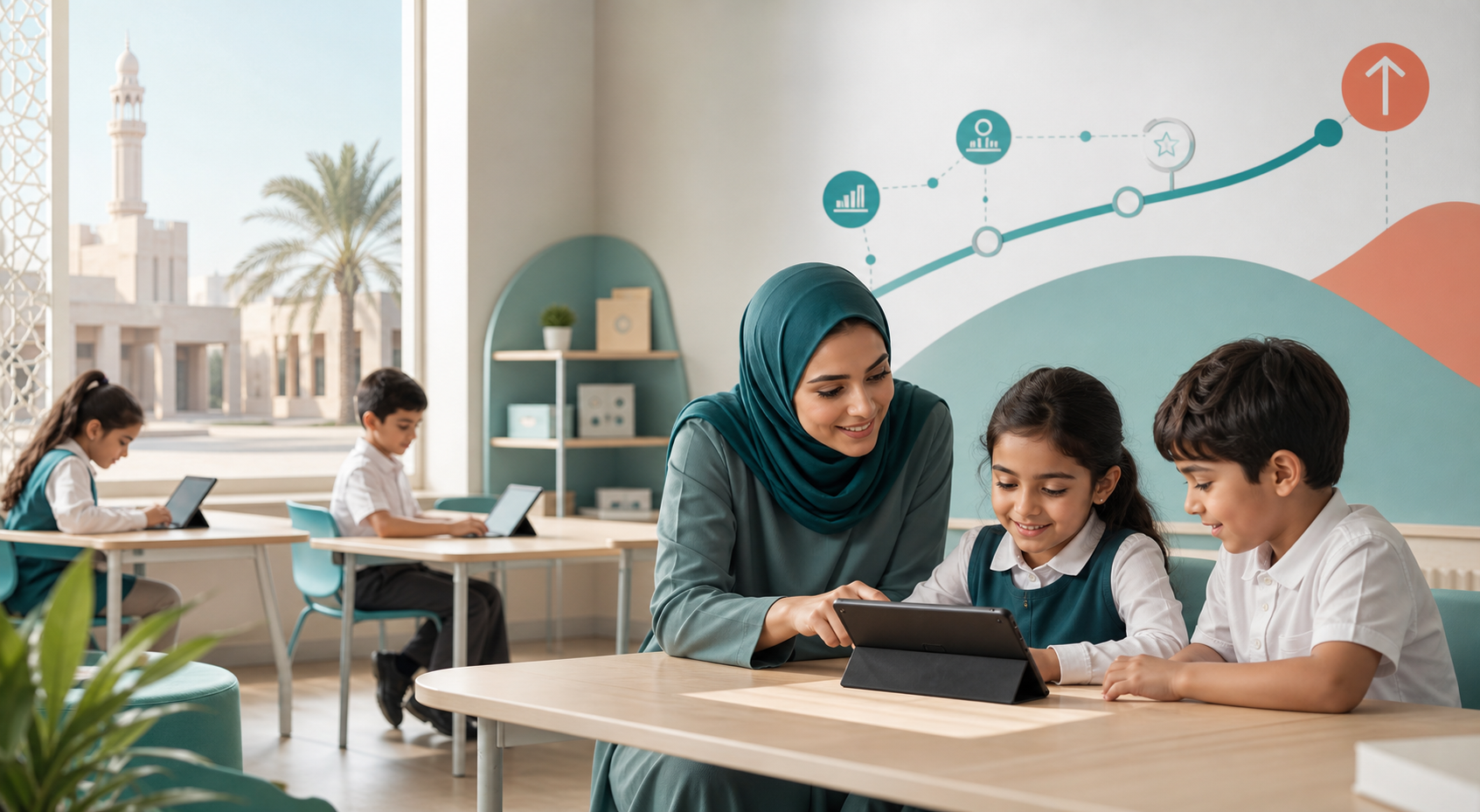 Teacher and young UAE students using tablets in a bright classroom